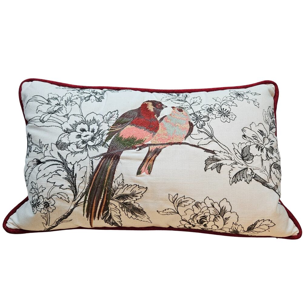 Linen Blend Lumbar Pillow Black White w/colored Floral Embroidered Birds Zipper